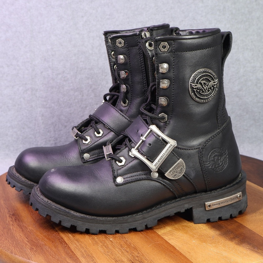 Milwaukee Leather Boots Women 6 Black Leather Biker Mid Calf Lace Zip Buckle